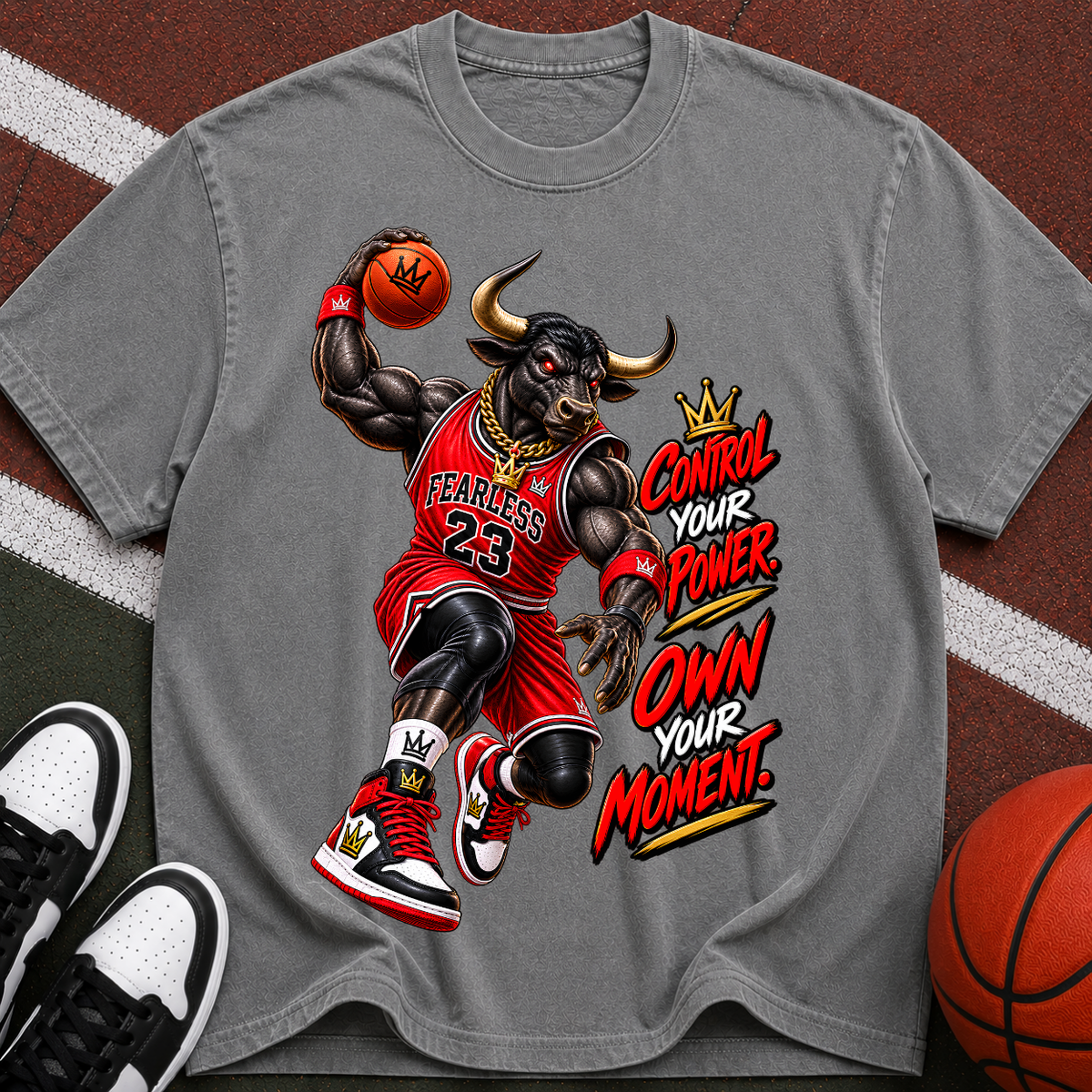 Bull Basketball Tee — "Own Your Moment" Motivational Graphic T-Shirt