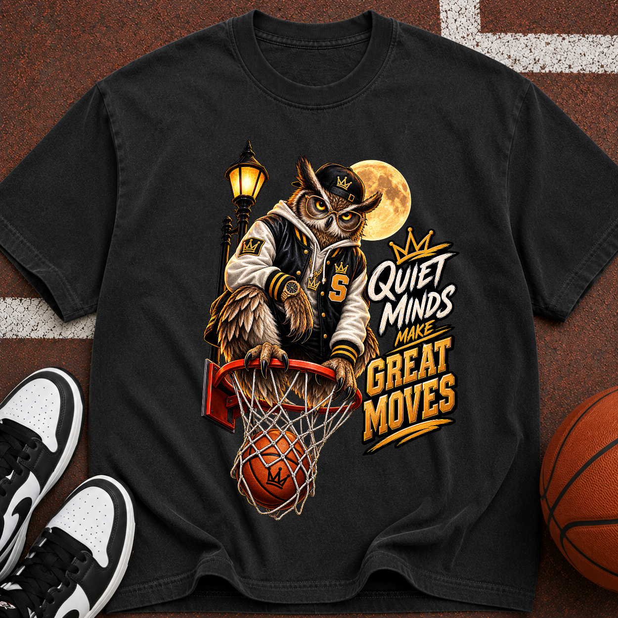 Vintage Owl Basketball T‑Shirt — “Quiet Minds Make Great Moves”