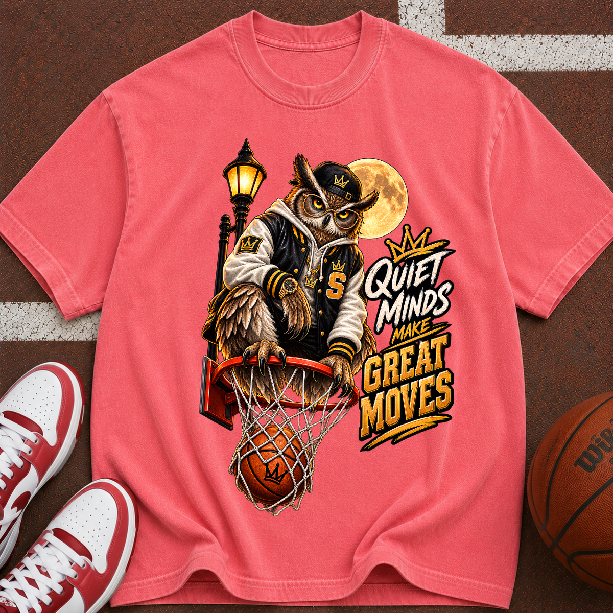 Vintage Owl Basketball T‑Shirt — “Quiet Minds Make Great Moves”