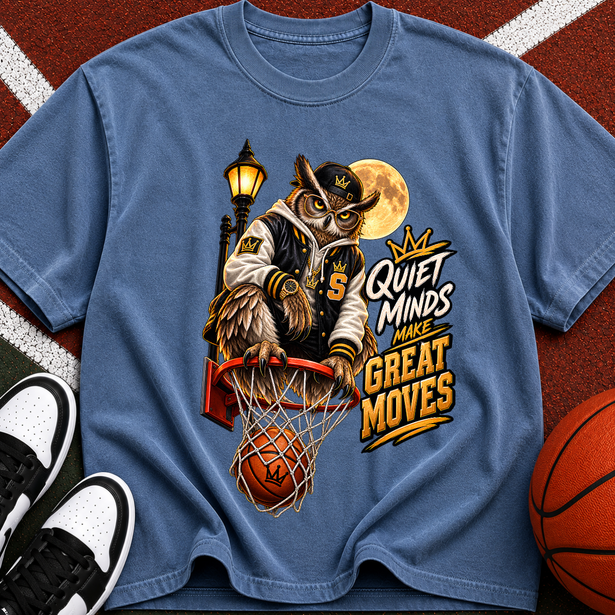 Vintage Owl Basketball T‑Shirt — “Quiet Minds Make Great Moves”
