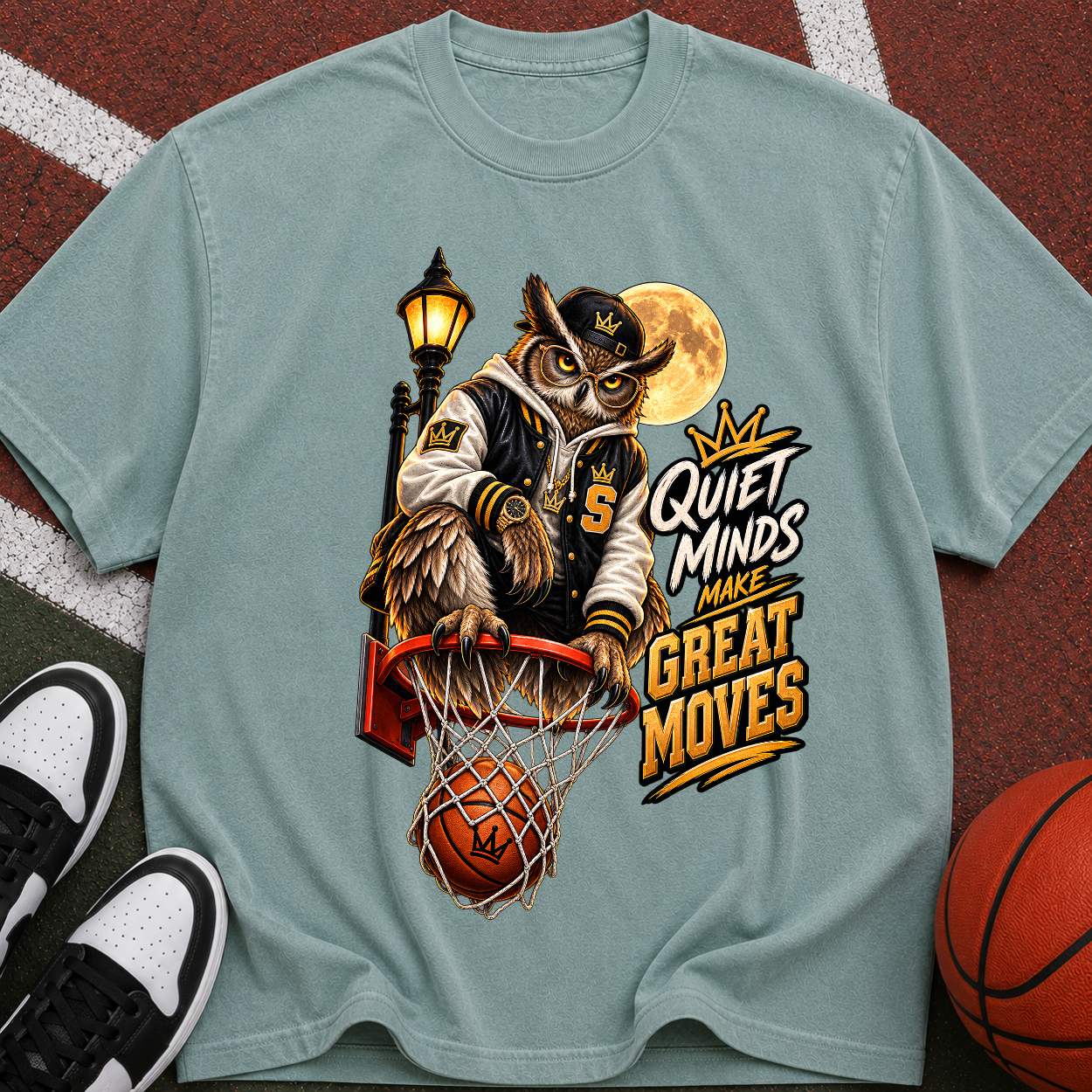 Vintage Owl Basketball T‑Shirt — “Quiet Minds Make Great Moves”