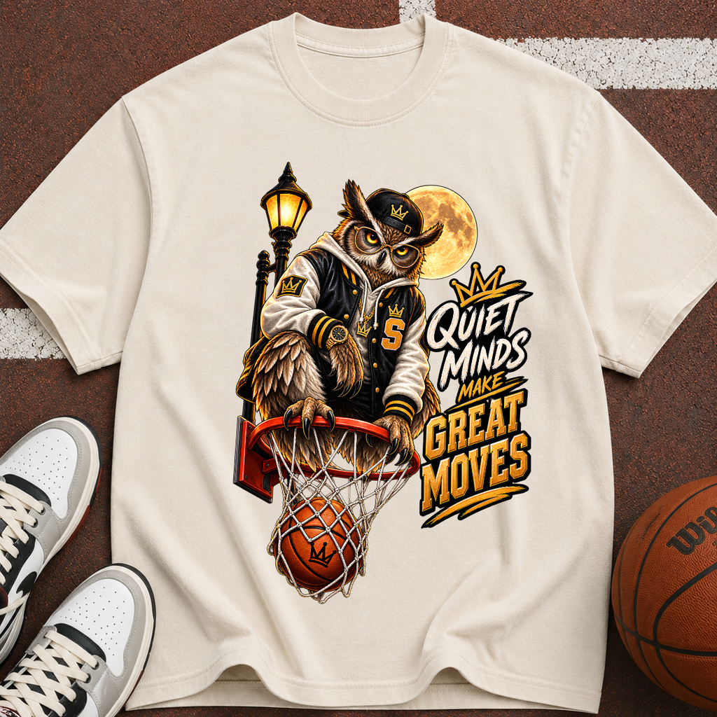 Vintage Owl Basketball T‑Shirt — “Quiet Minds Make Great Moves”