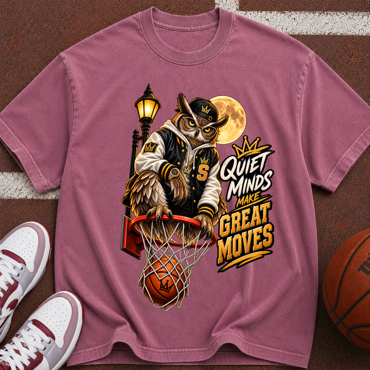 Vintage Owl Basketball T‑Shirt — “Quiet Minds Make Great Moves”