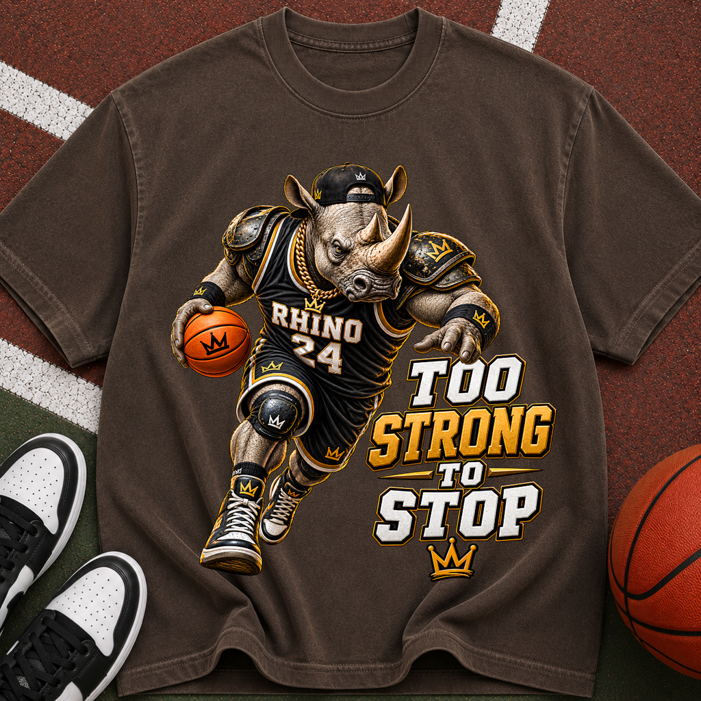 Rhino Basketball Tee — "Too Strong to Stop" Graphic Sports T-Shirt