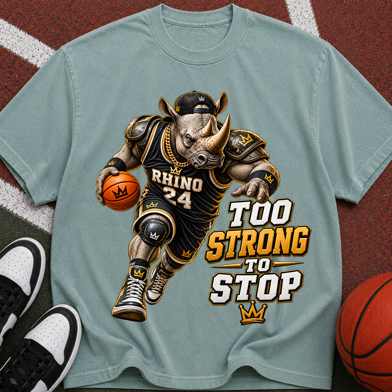 Rhino Basketball Tee — "Too Strong to Stop" Graphic Sports T-Shirt
