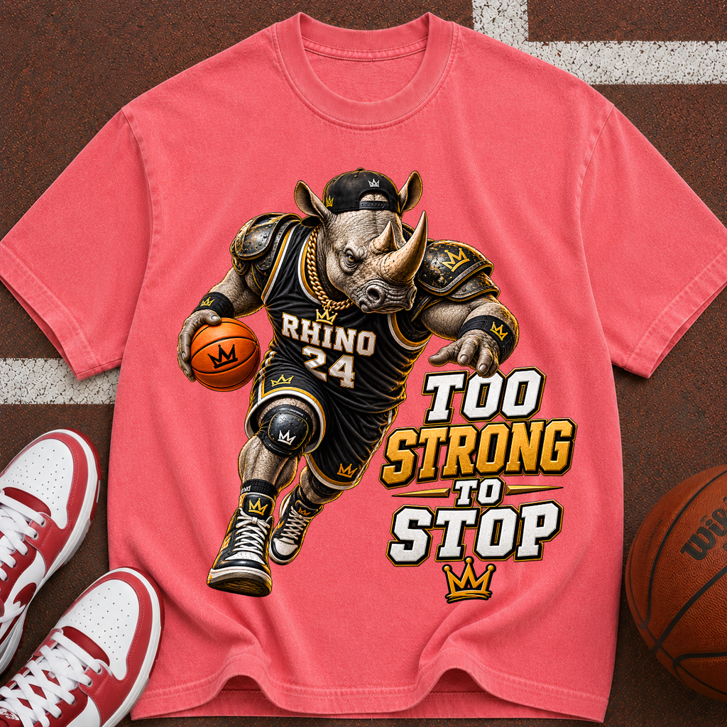 Rhino Basketball Tee — "Too Strong to Stop" Graphic Sports T-Shirt