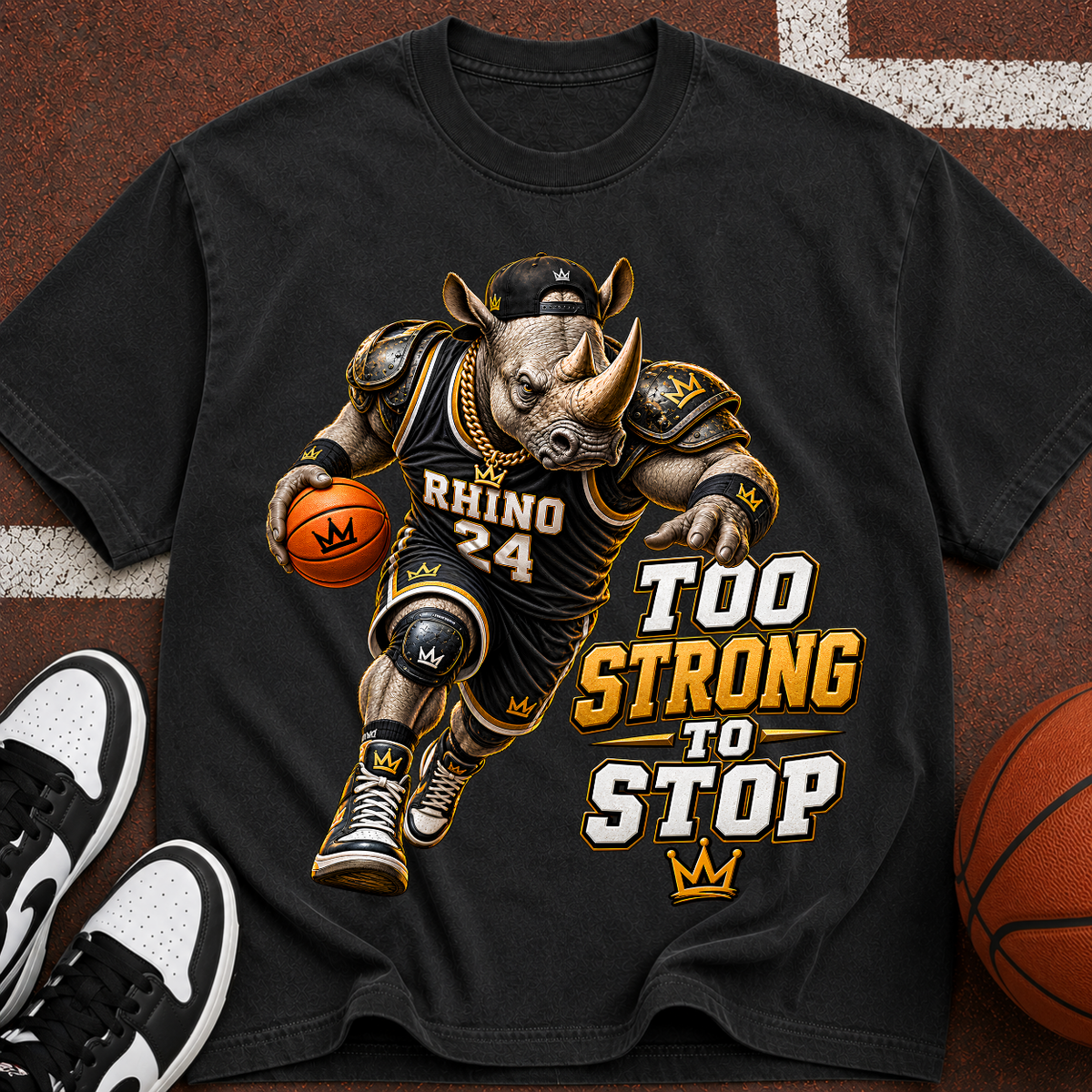 Rhino Basketball Tee — "Too Strong to Stop" Graphic Sports T-Shirt