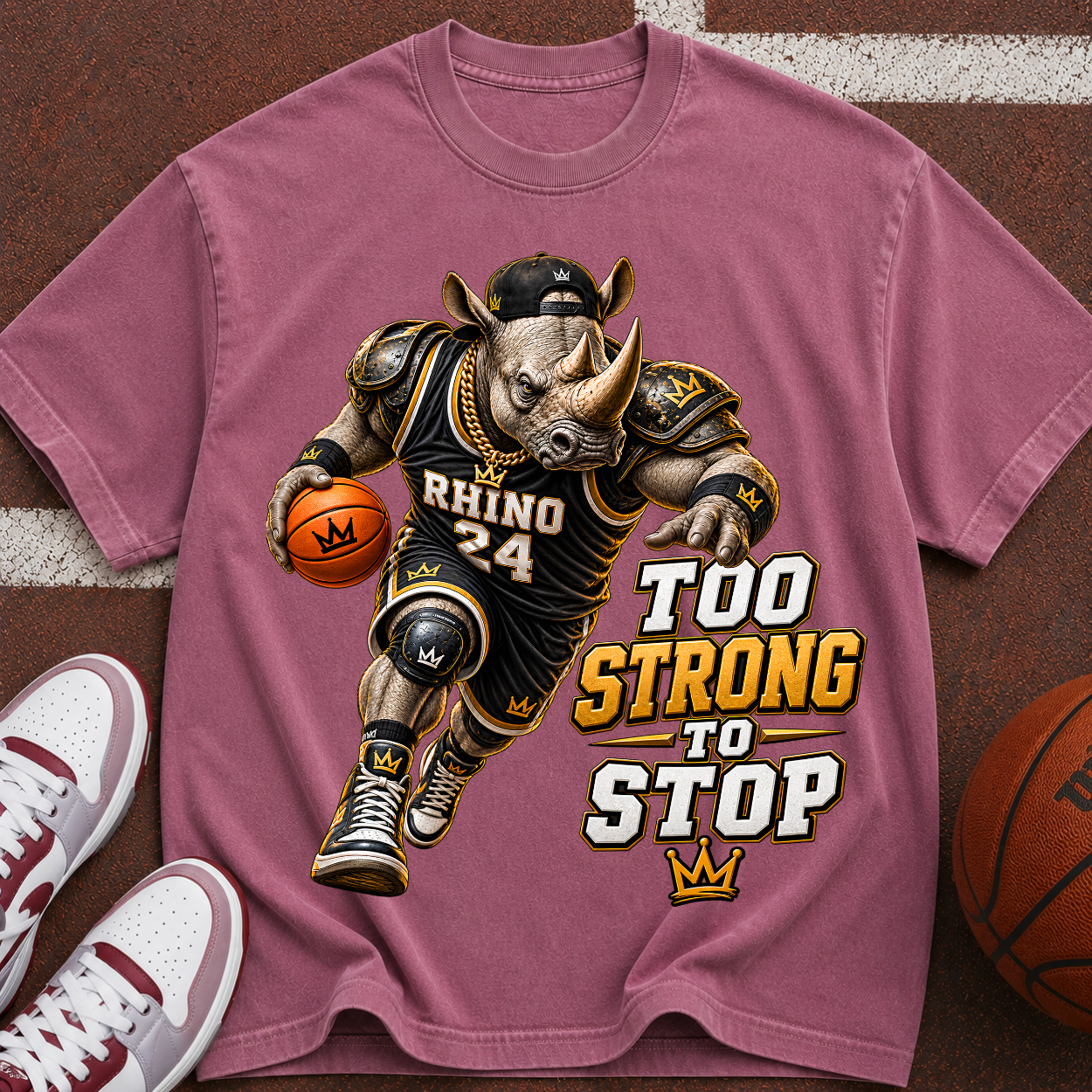 Rhino Basketball Tee — "Too Strong to Stop" Graphic Sports T-Shirt