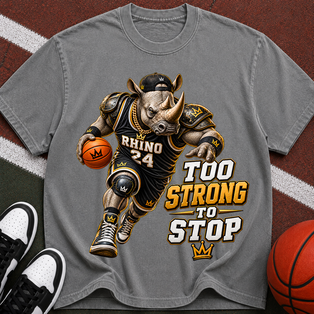 Rhino Basketball Tee — "Too Strong to Stop" Graphic Sports T-Shirt