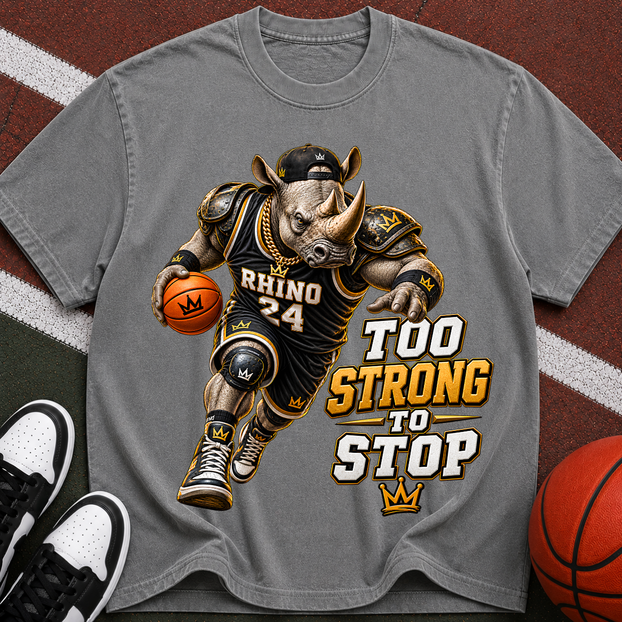 Rhino Basketball Tee — "Too Strong to Stop" Graphic Sports T-Shirt