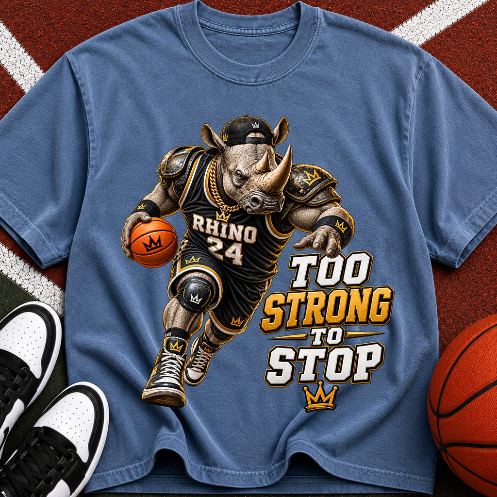Rhino Basketball Tee — "Too Strong to Stop" Graphic Sports T-Shirt