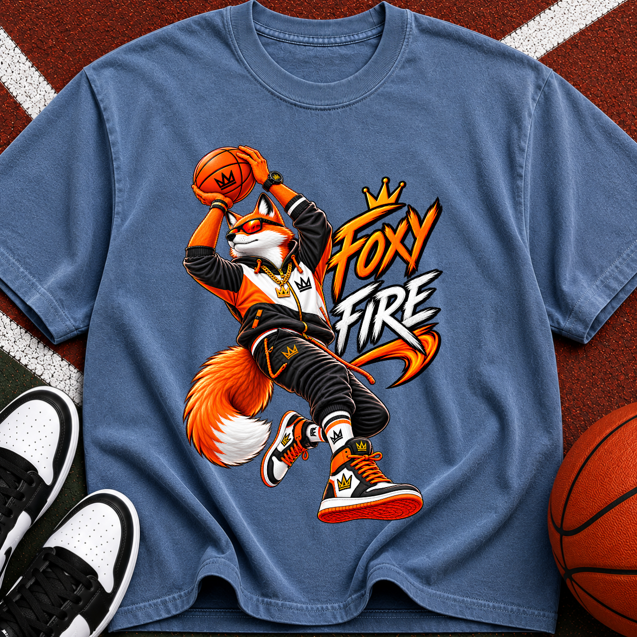 Foxy Fire Basketball Graphic T-Shirt — Streetwear Fox Mascot Tee