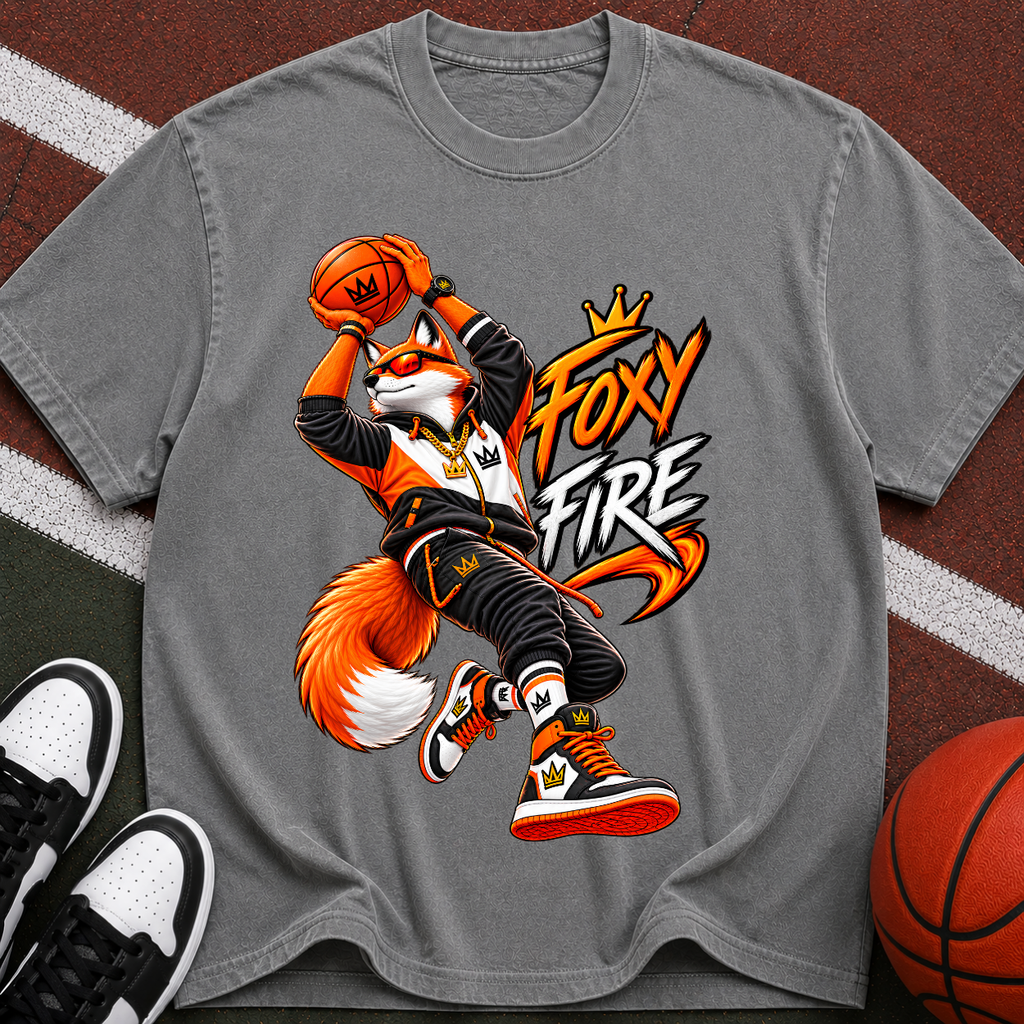 Foxy Fire Basketball Graphic T-Shirt — Streetwear Fox Mascot Tee