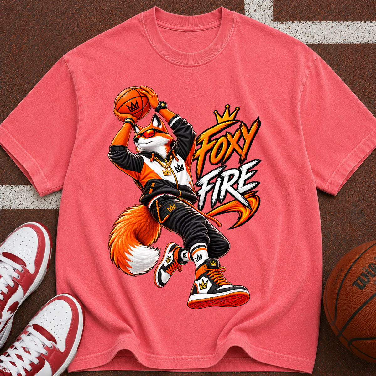 Foxy Fire Basketball Graphic T-Shirt — Streetwear Fox Mascot Tee