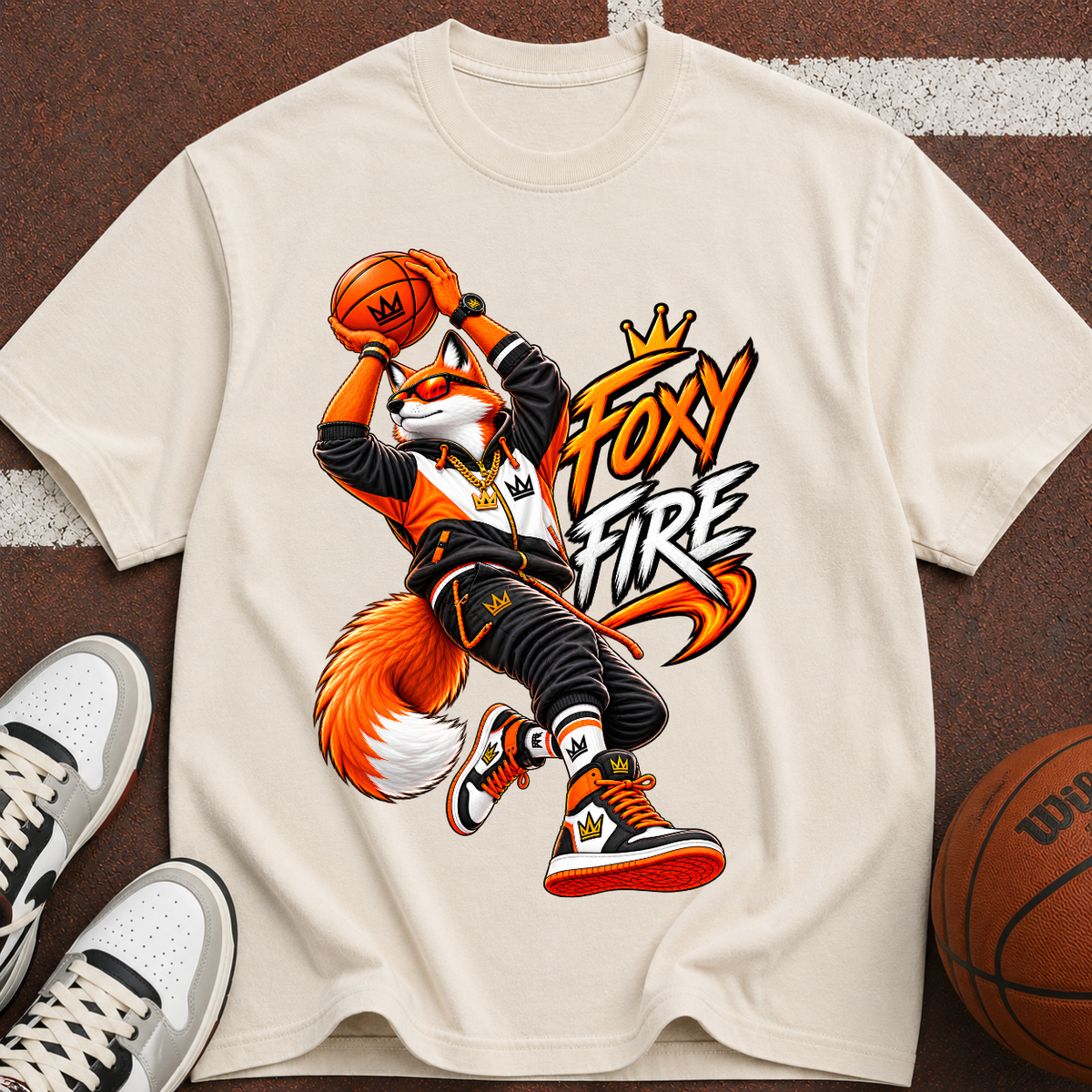 Foxy Fire Basketball Graphic T-Shirt — Streetwear Fox Mascot Tee