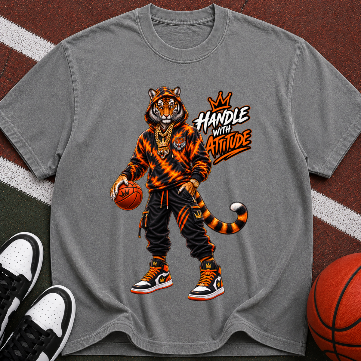 Tiger Basketball T-Shirt — “Handle With Attitude” Graphic Tee