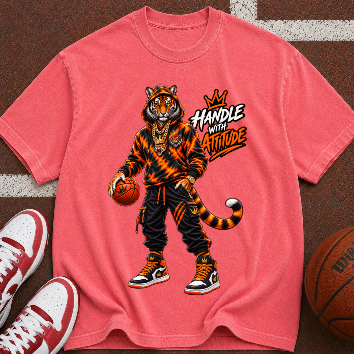 Tiger Basketball T-Shirt — “Handle With Attitude” Graphic Tee