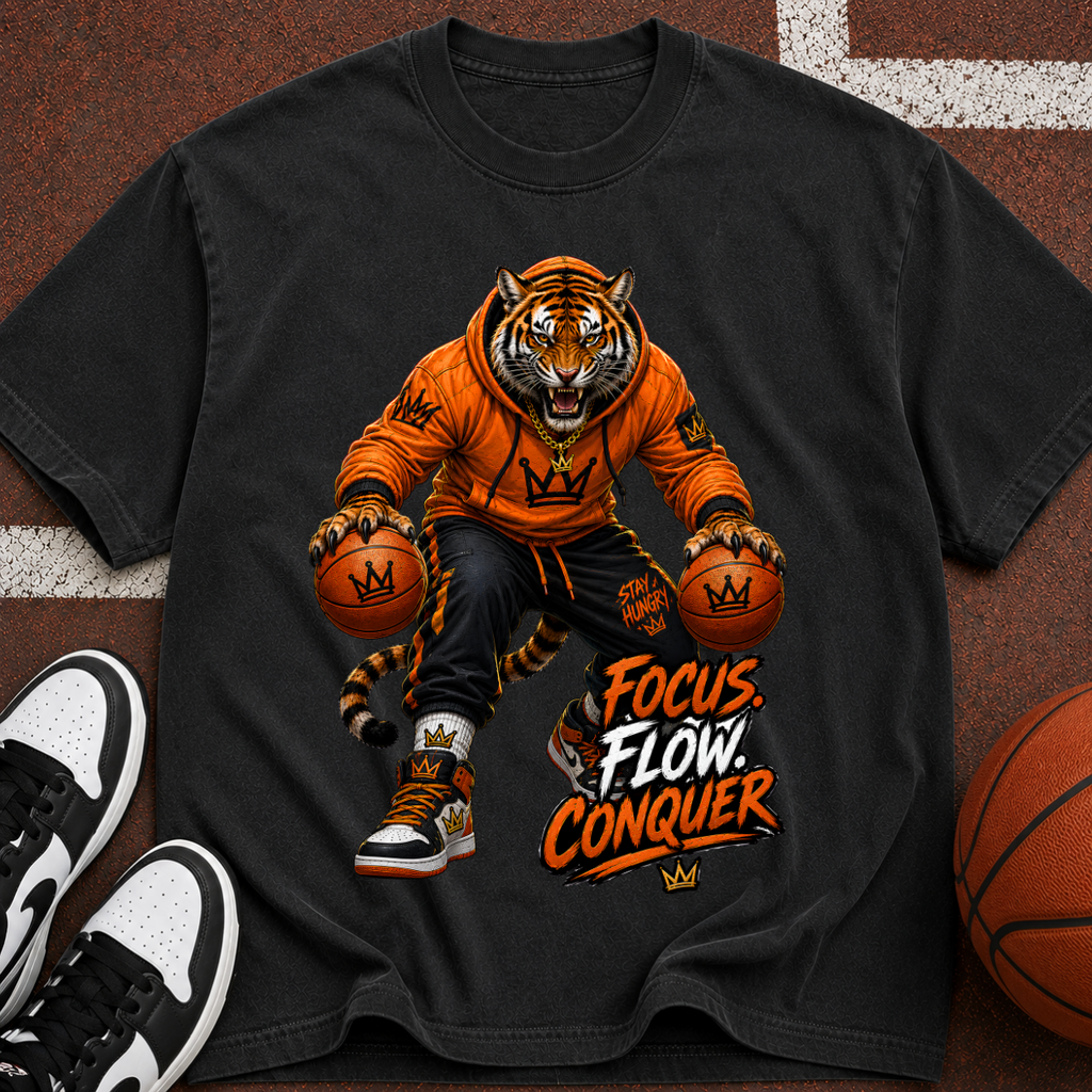 Tiger Basketball Tee — "Focus Flow Conquer" Motivational Sports T-Shirt