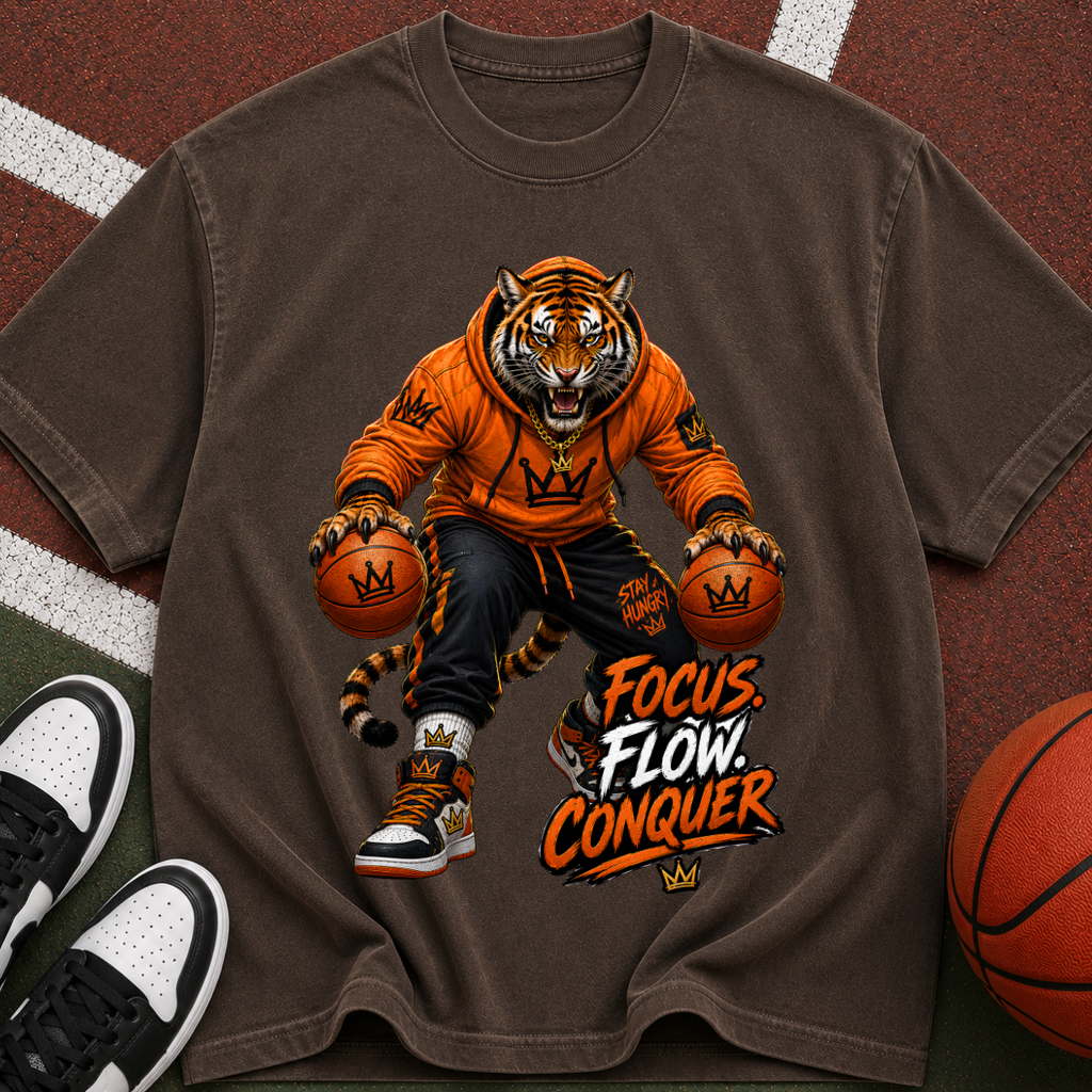 Tiger Basketball Tee — "Focus Flow Conquer" Motivational Sports T-Shirt