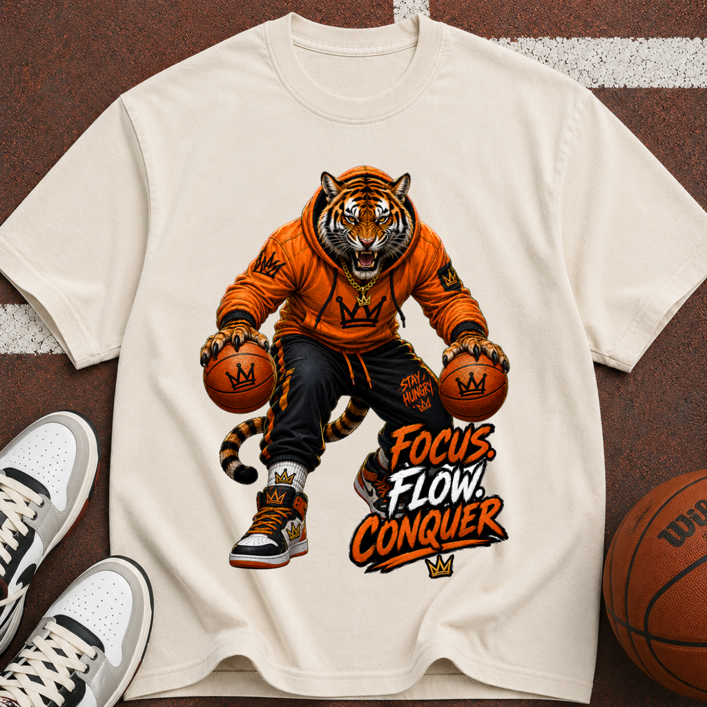 Tiger Basketball Tee — "Focus Flow Conquer" Motivational Sports T-Shirt