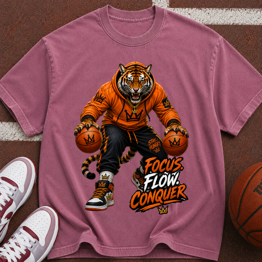 Tiger Basketball Tee — "Focus Flow Conquer" Motivational Sports T-Shirt