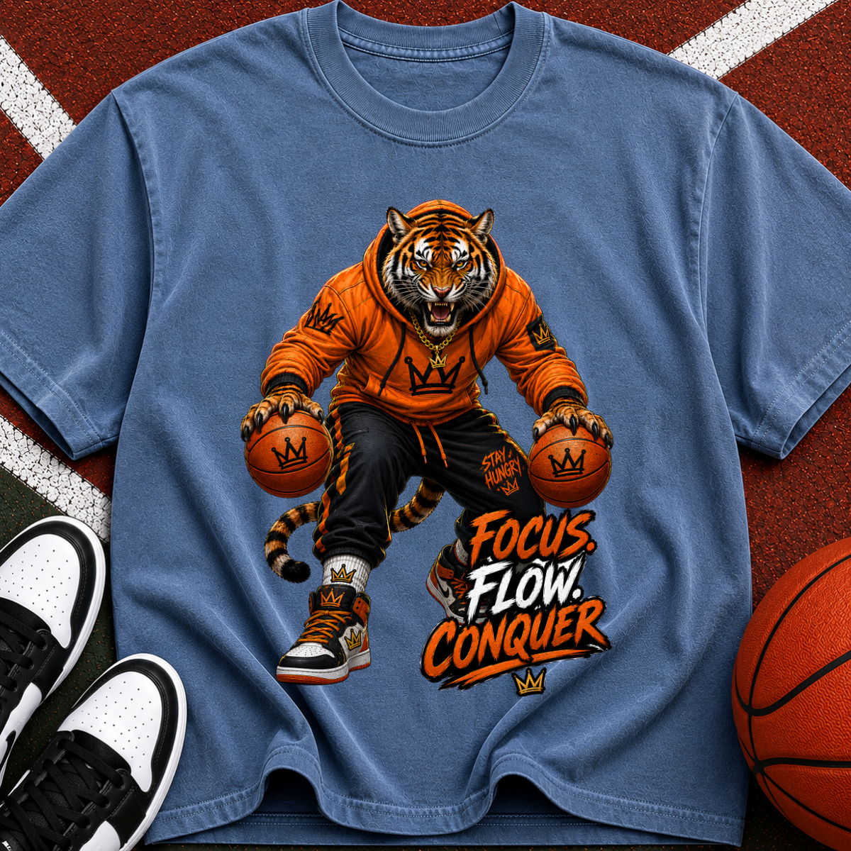 Tiger Basketball Tee — "Focus Flow Conquer" Motivational Sports T-Shirt