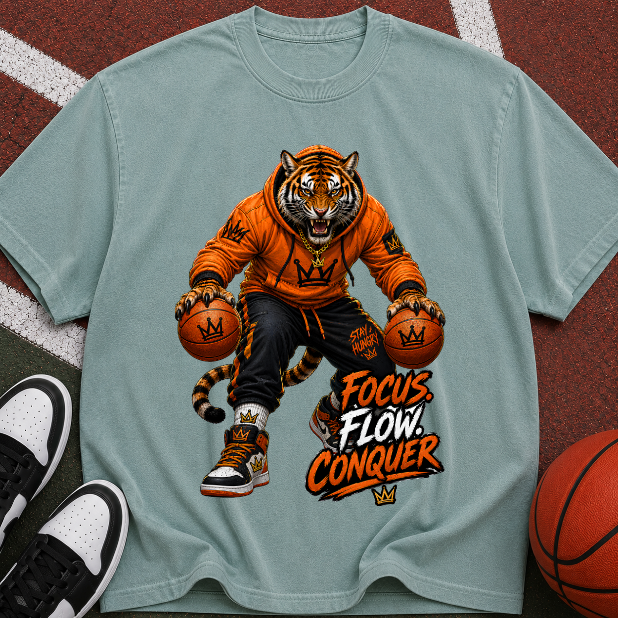 Tiger Basketball Tee — "Focus Flow Conquer" Motivational Sports T-Shirt