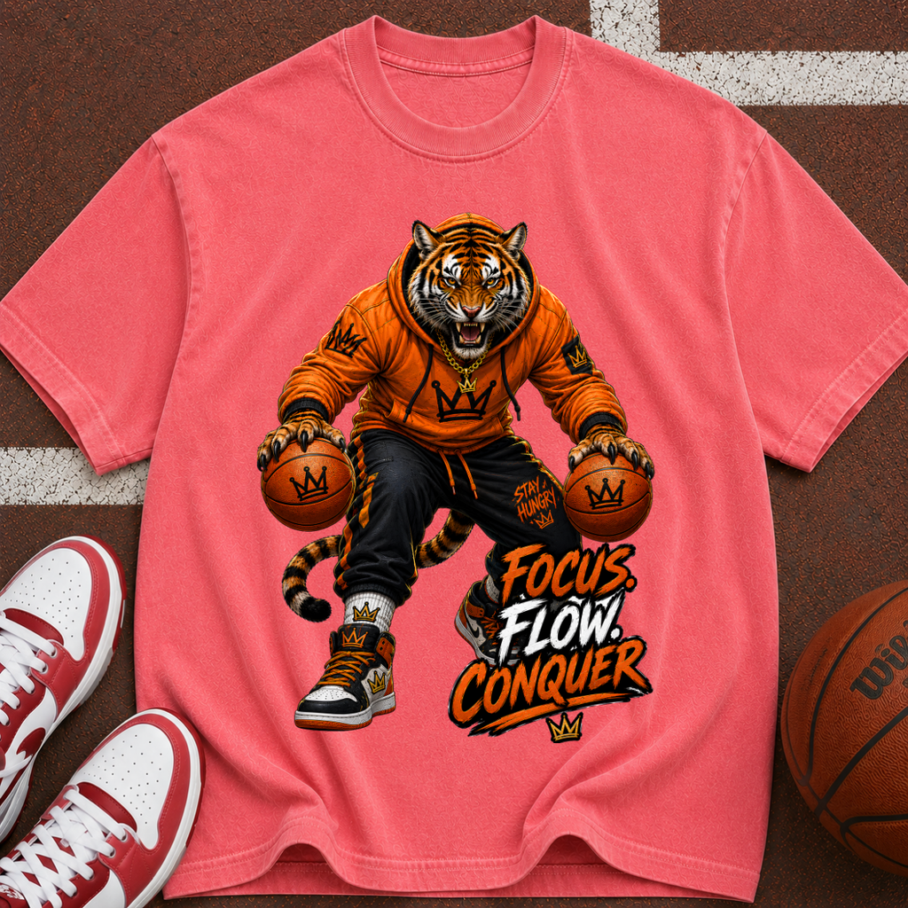 Tiger Basketball Tee — "Focus Flow Conquer" Motivational Sports T-Shirt