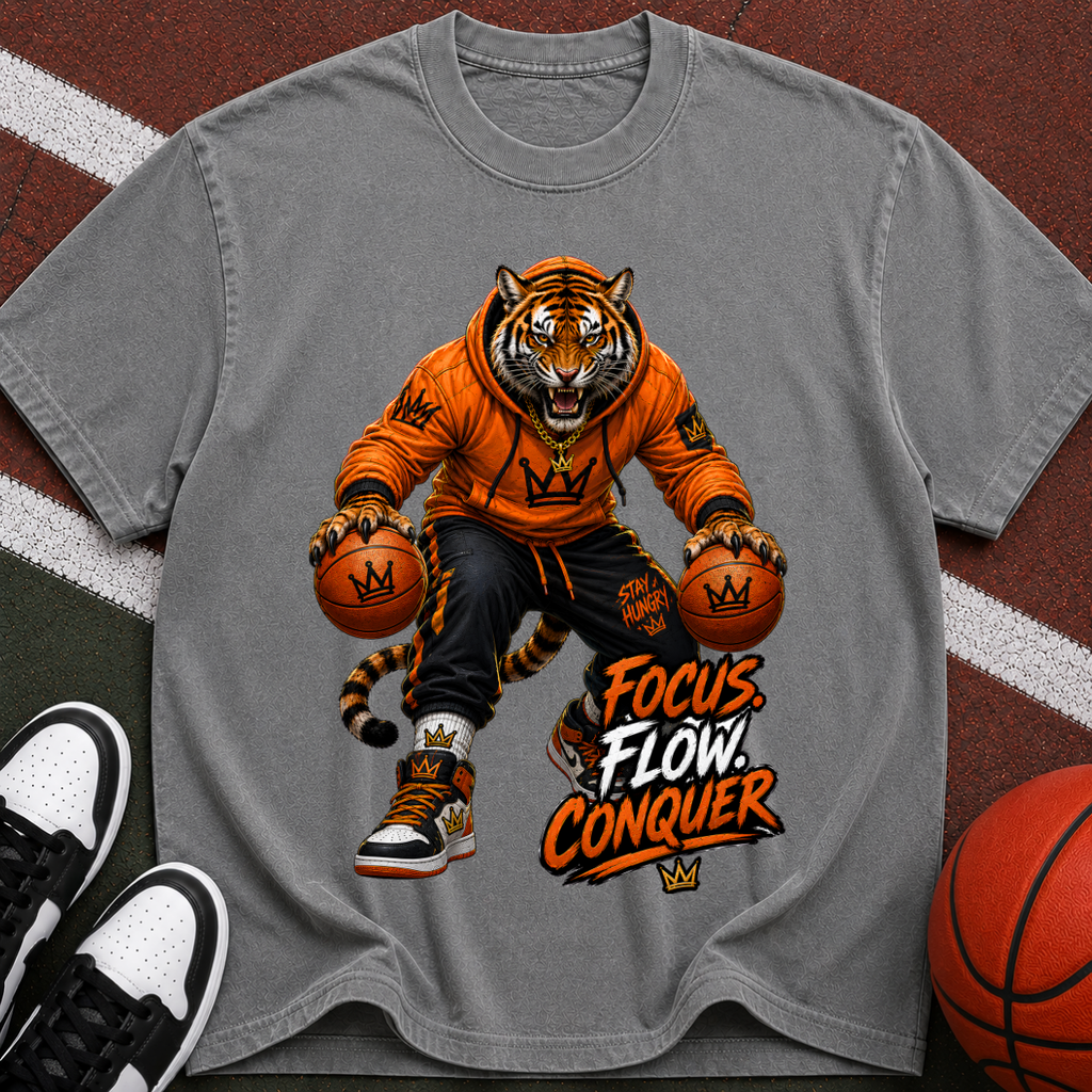 Tiger Basketball Tee — "Focus Flow Conquer" Motivational Sports T-Shirt