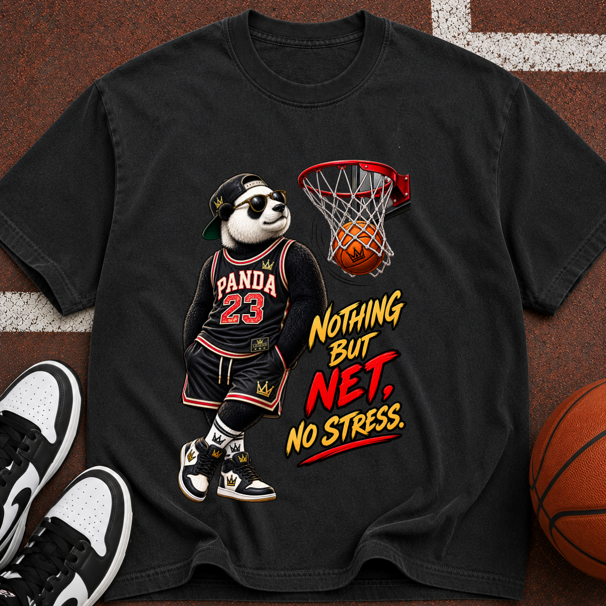 Panda 23 Basketball T-Shirt — “Nothing But Net, No Stress” Vintage Graphic Tee
