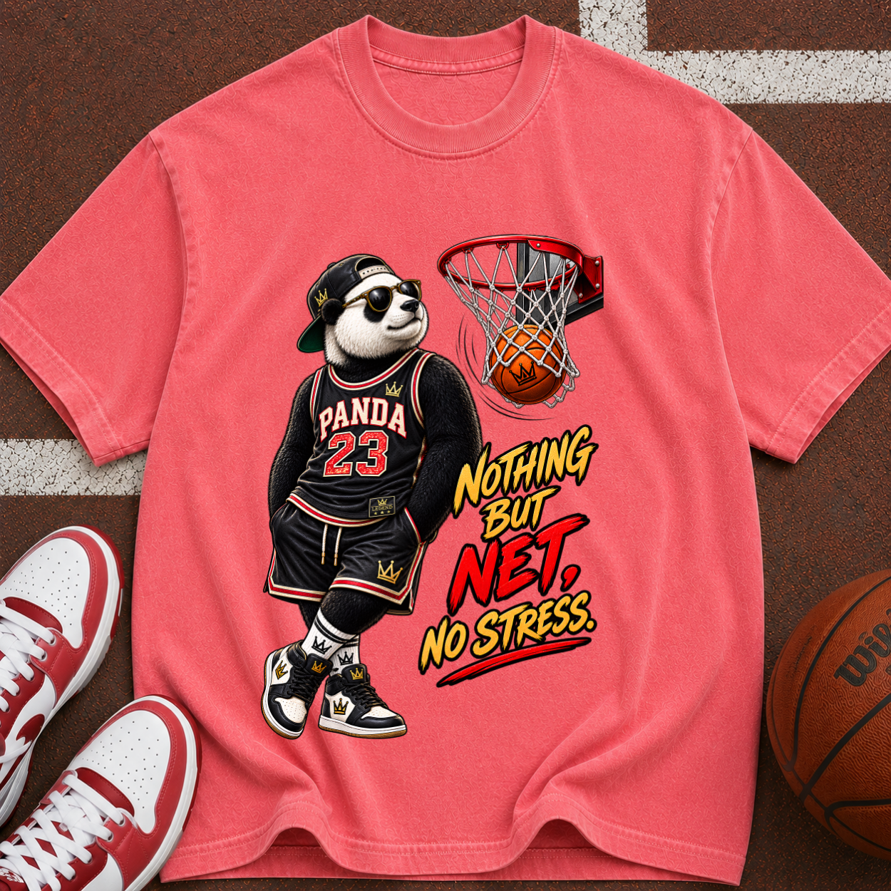 Panda 23 Basketball T-Shirt — “Nothing But Net, No Stress” Vintage Graphic Tee