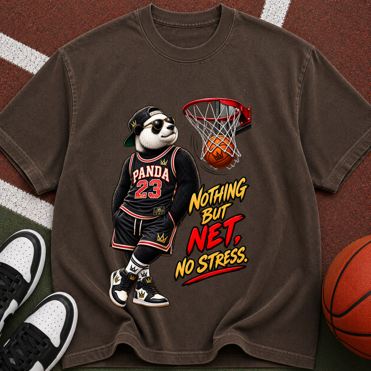 Panda 23 Basketball T-Shirt — “Nothing But Net, No Stress” Vintage Graphic Tee