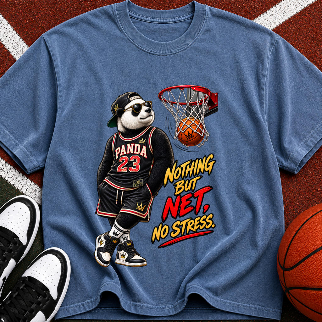 Panda 23 Basketball T-Shirt — “Nothing But Net, No Stress” Vintage Graphic Tee