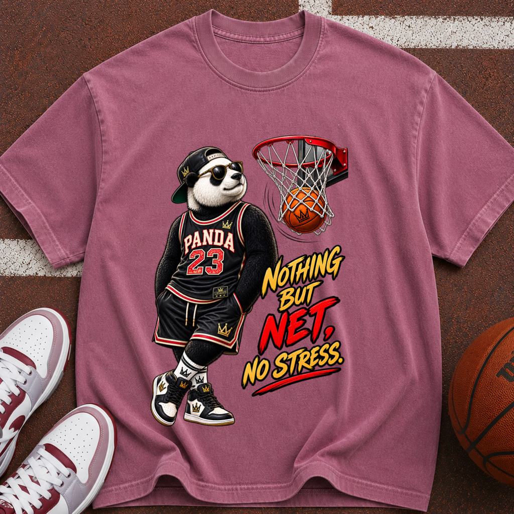 Panda 23 Basketball T-Shirt — “Nothing But Net, No Stress” Vintage Graphic Tee