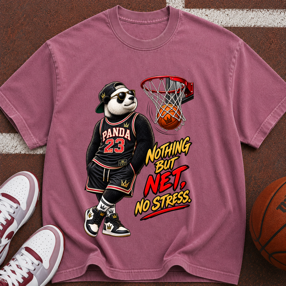 Panda 23 Basketball T-Shirt — “Nothing But Net, No Stress” Vintage Graphic Tee
