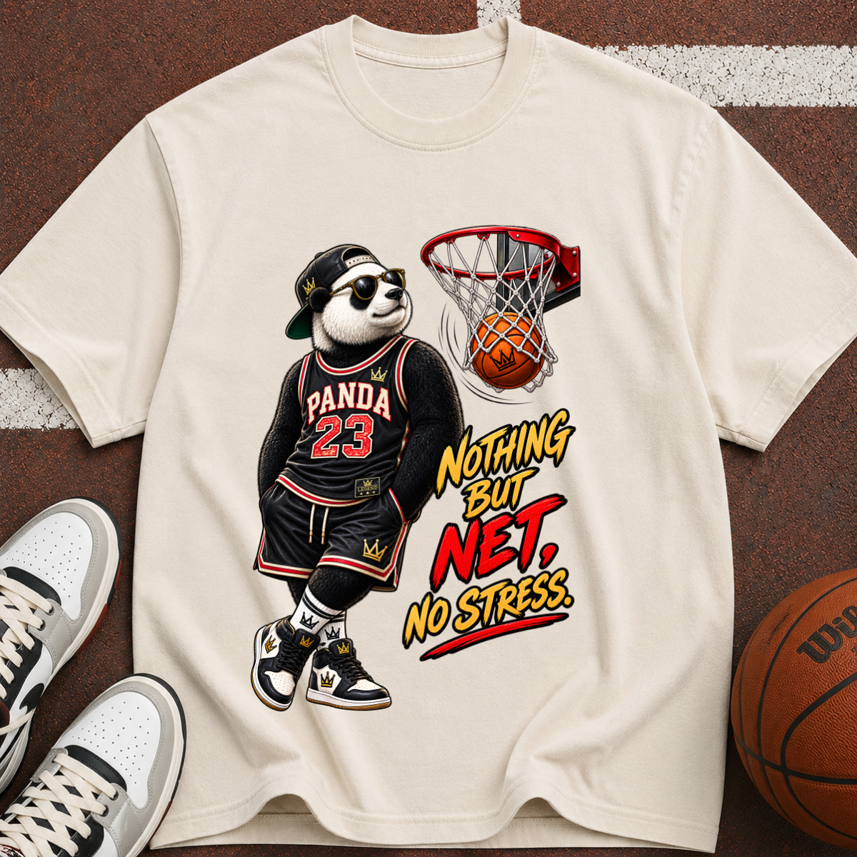 Panda 23 Basketball T-Shirt — “Nothing But Net, No Stress” Vintage Graphic Tee