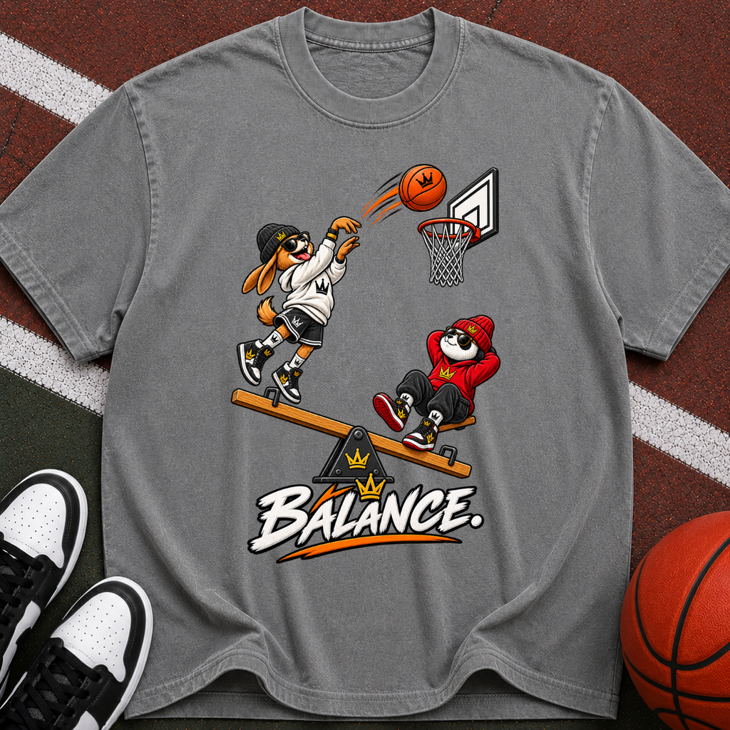 Balance Basketball T-Shirt — Cartoon Players Seesaw Graphic