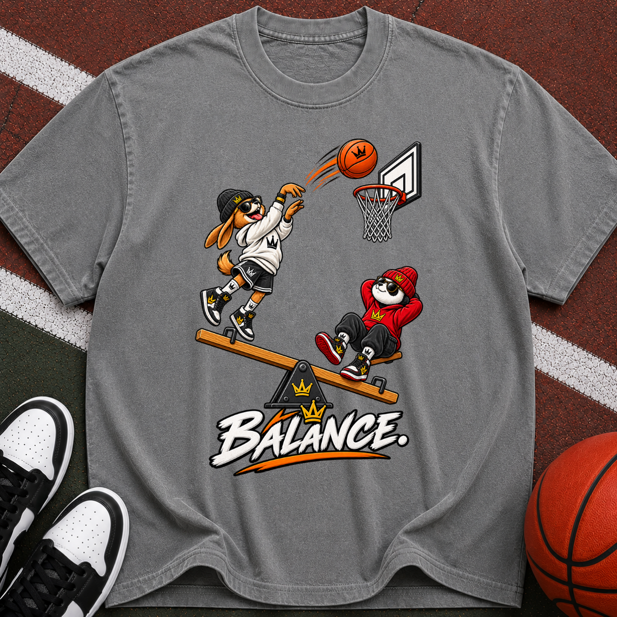 Balance Basketball T-Shirt — Cartoon Players Seesaw Graphic