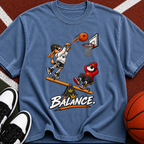 Balance Basketball T-Shirt — Cartoon Players Seesaw Graphic