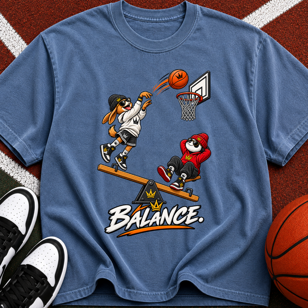 Balance Basketball T-Shirt — Cartoon Players Seesaw Graphic