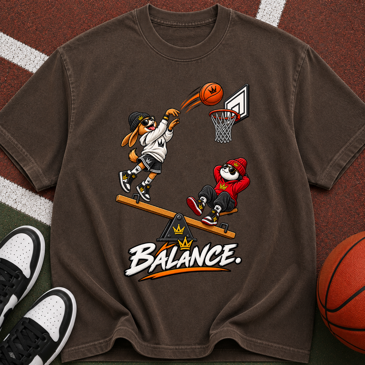 Balance Basketball T-Shirt — Cartoon Players Seesaw Graphic