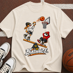 Balance Basketball T-Shirt — Cartoon Players Seesaw Graphic