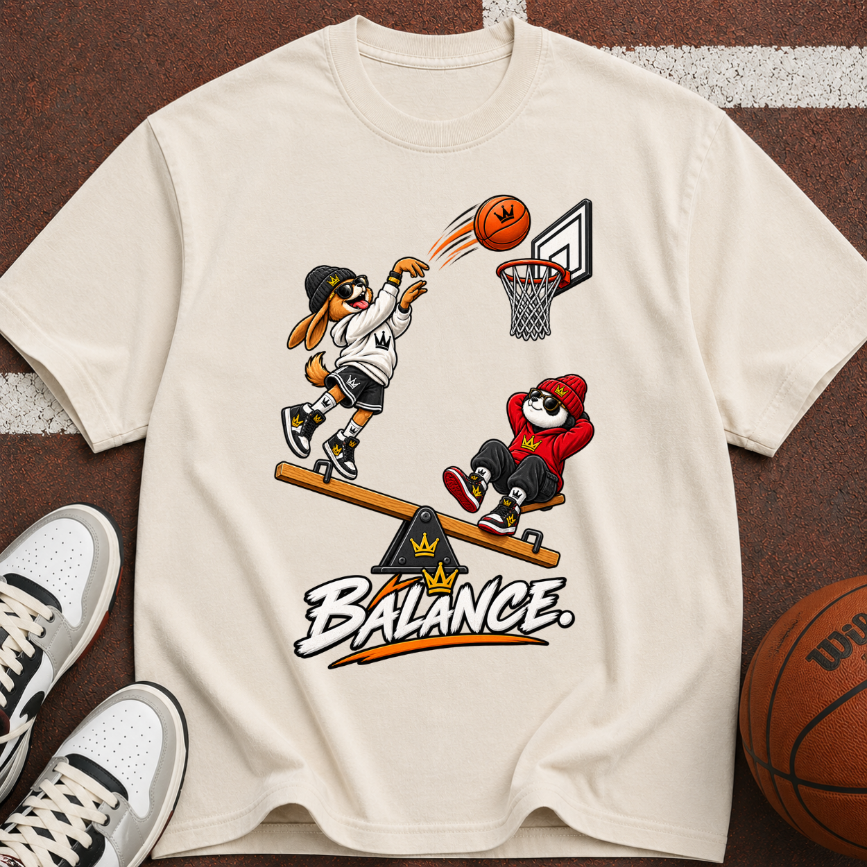Balance Basketball T-Shirt — Cartoon Players Seesaw Graphic