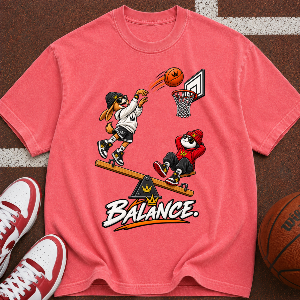 Balance Basketball T-Shirt — Cartoon Players Seesaw Graphic