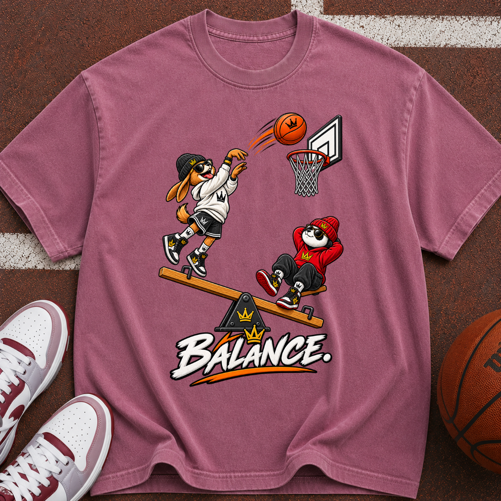Balance Basketball T-Shirt — Cartoon Players Seesaw Graphic