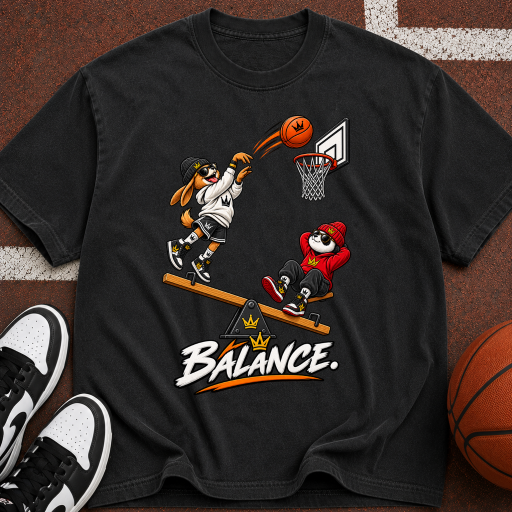Balance Basketball T-Shirt — Cartoon Players Seesaw Graphic