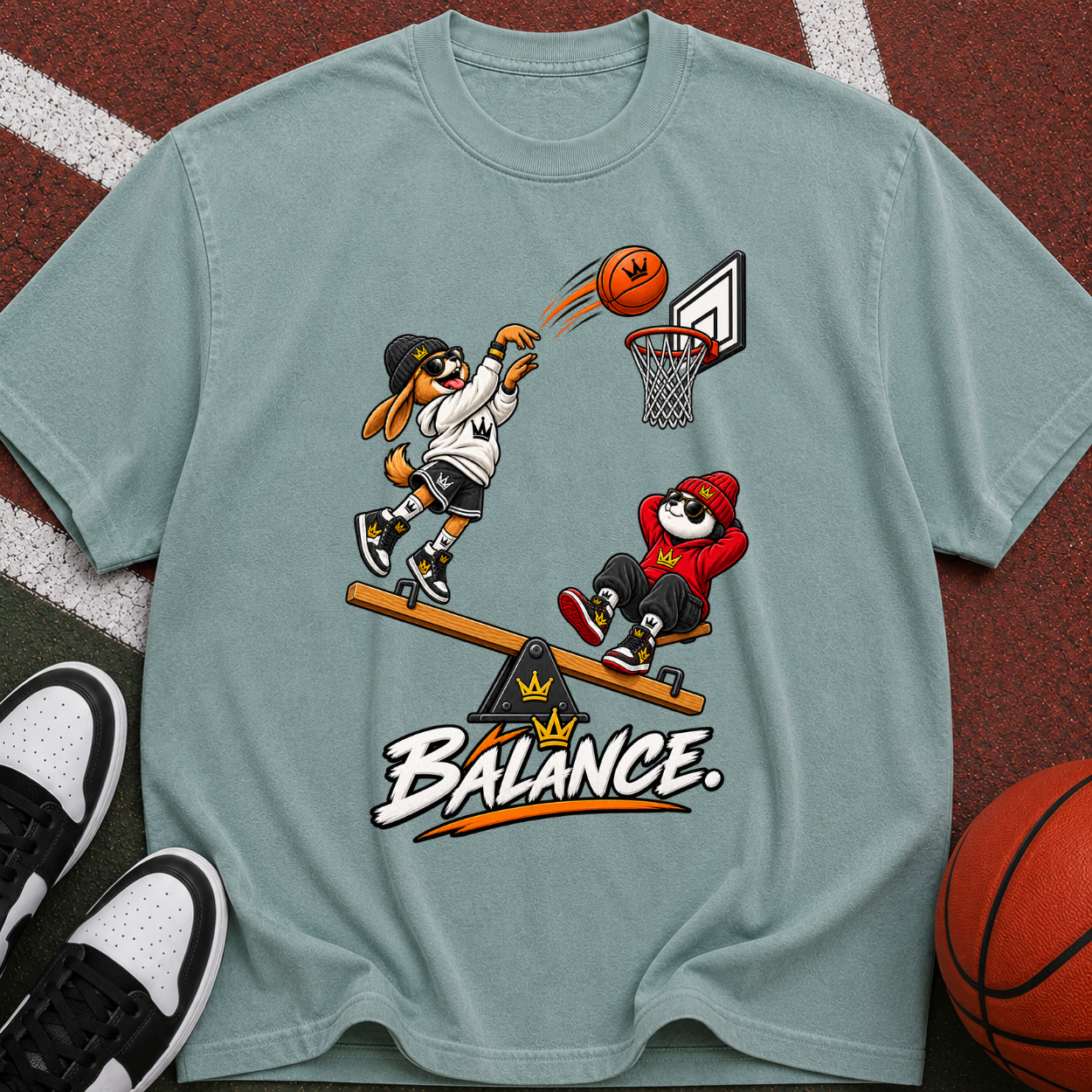 Balance Basketball T-Shirt — Cartoon Players Seesaw Graphic