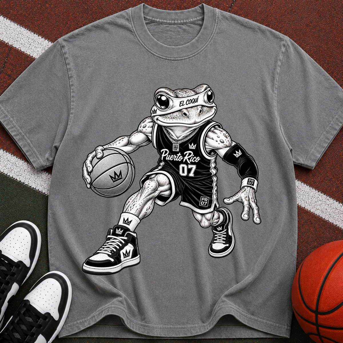 Basketball El Coqui Graphic T-Shirt — Retro Streetwear Tee with “07” Jersey Design