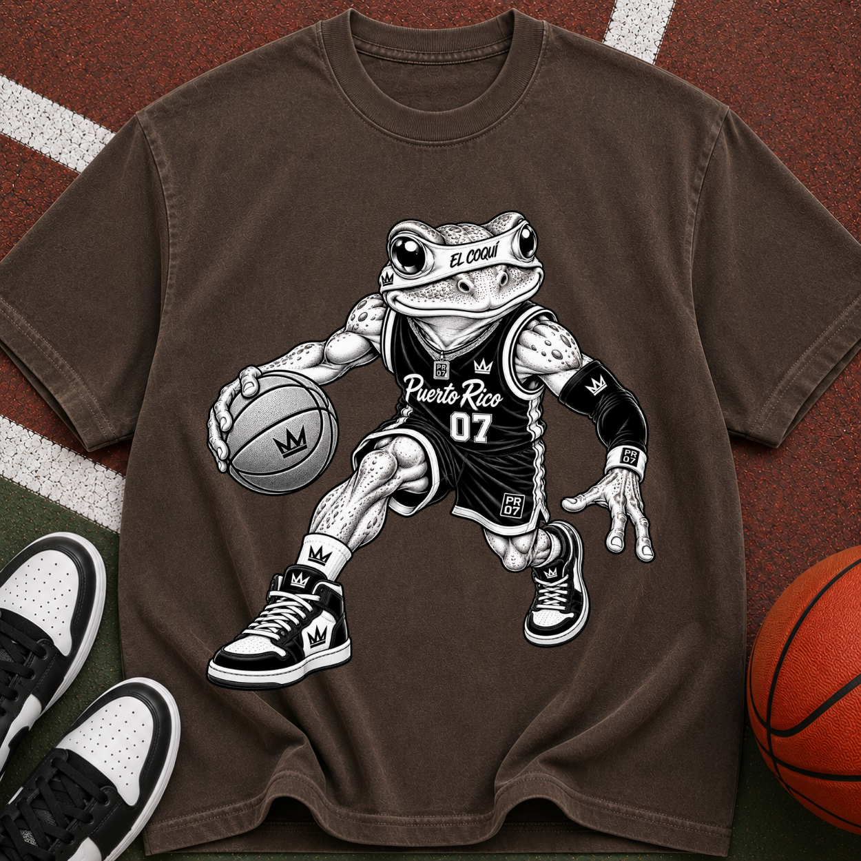 Basketball El Coqui Graphic T-Shirt — Retro Streetwear Tee with “07” Jersey Design