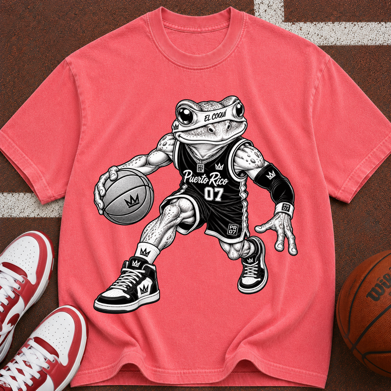 Basketball El Coqui Graphic T-Shirt — Retro Streetwear Tee with “07” Jersey Design